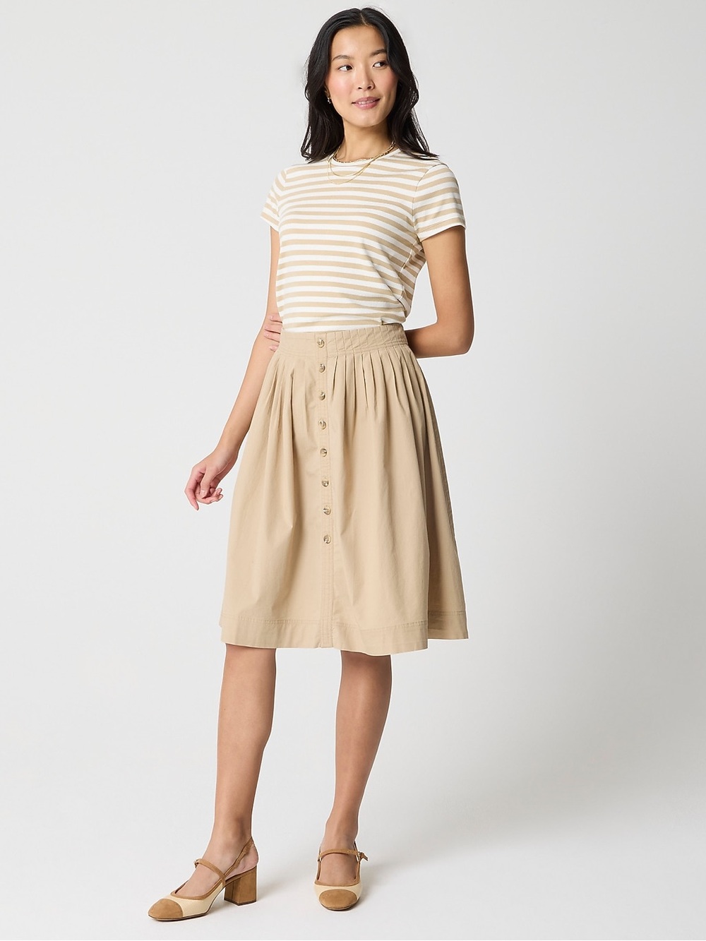 NWT Women’s J. Crew Khaki Tan Button-Front A-line Midi Skirt Sz L Classic Preppy